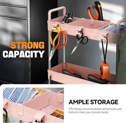 Auto Dynasty 3 Tier Slim Rolling Cart with Handle, Multifunction Utility Storage Rolling Cart, Movable Storage Organizer with Wheels for Office, Bathroom, Kitchen, Narrow Places (Pink)