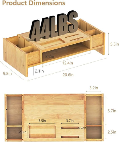 Ufine Bamboo Monitor Stand with Storage Compartments Ergonomic Computer Laptop Riser Small Space Organizer for Home Office