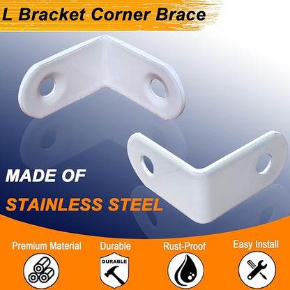 20 PCS Small White L Bracket - 1.2x1.2 Inch Stainless Steel Corner Braces for Wood Furniture, Cabinet Chair & Drawer, Durable Right Angle Shelf Bracket (Includes Screws)