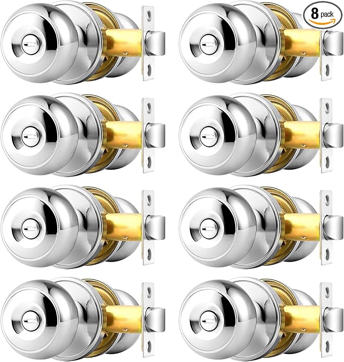 Probrico Polished Chrome Privacy Door Knobs, Interior Door Lock for Bathroom Bedroom, Keyless Round Ball Knob Handle, Thumb-Turn Locking, 8 Pack