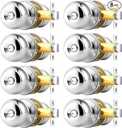 Probrico Polished Chrome Privacy Door Knobs, Interior Door Lock for Bathroom Bedroom, Keyless Round Ball Knob Handle, Thumb-Turn Locking, 8 Pack