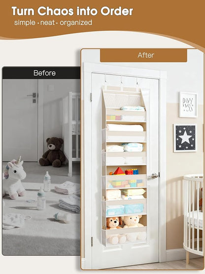 Criusia Over the Door Organizer, 6-Shelf Closet Hanging Storage with 13 Mesh Pockets, 55lbs Capacity Behind the Door Storage for Baby Nursery, Bathroom, Bedroom, and Dorm, Beige