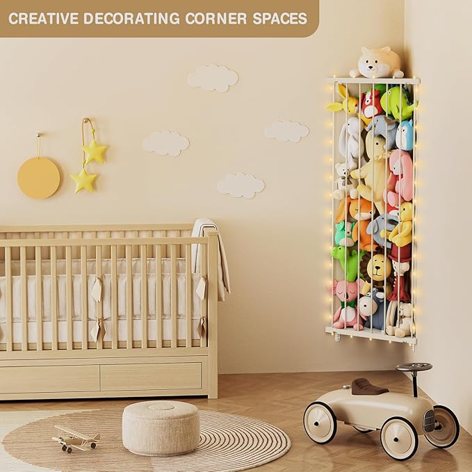 Corner Stuffed Animal Storage Net - Stuffed Animals Holder with Light - Plush Organizer Hanging Stuffed Animal Hammock with Adjustable Length for Bedroom