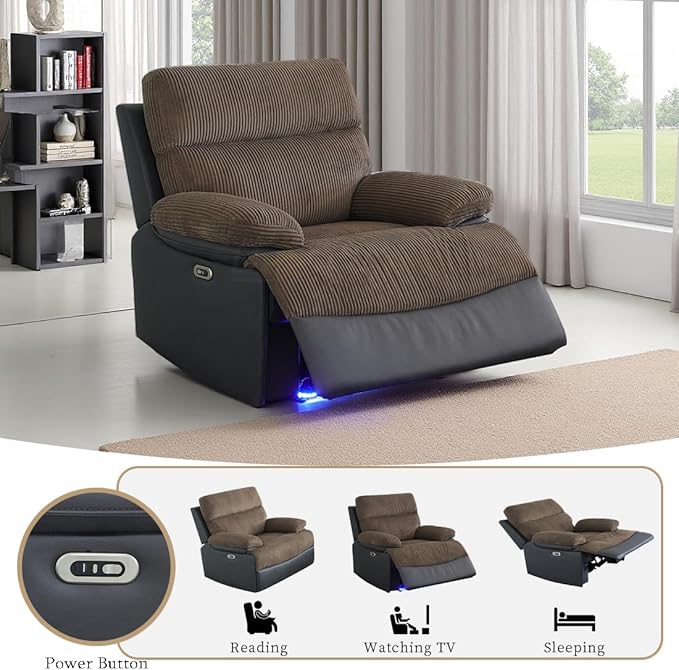 Living Room Furniture Sets, Grey Blue Breathing Leather Power Reclining Chair, Power Sectional Recliner Sofa Set, Reclining Chair with Recliner Seat, Storage Console, LED Light for Living Room