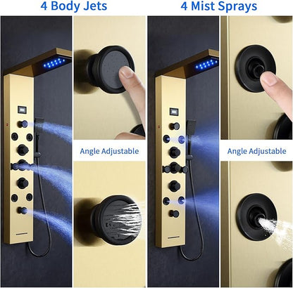 POPFLY LED Rainfall Waterfall Shower Panel Tower System, 4 Body Jets and 4 Mist Spray, 3-Function Handheld Shower, Stainless Steel Shower Tower with Temp Display, Brushed Gold