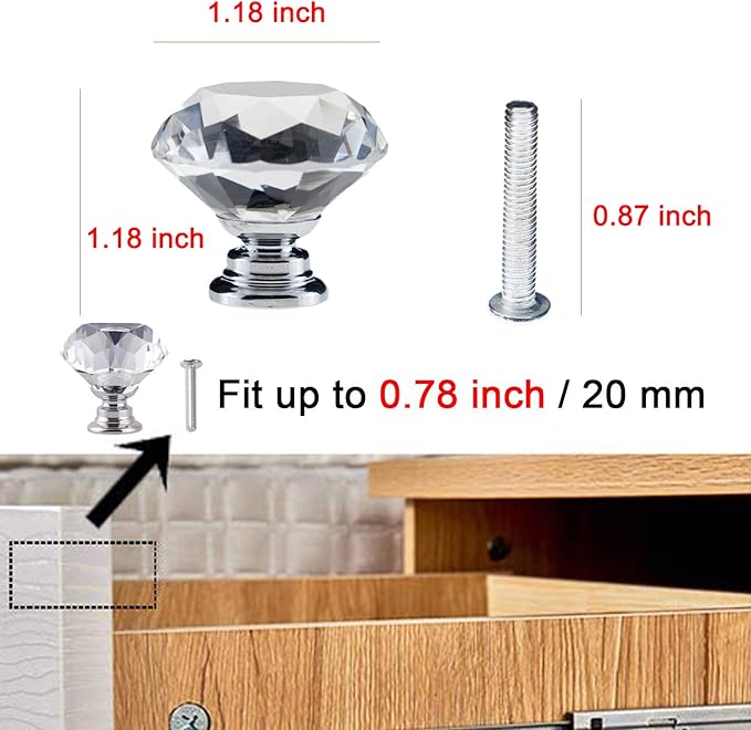 YourGift 6 Pack Drawer Knobs Diamond Shaped Crystal Glass 30mm Cabinet Knobs Pull Handles (30 mm, 6 Pack, Silver)