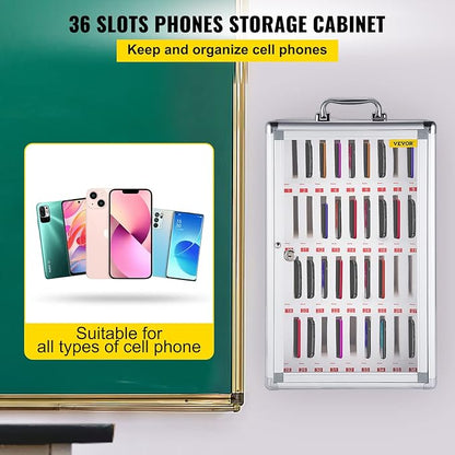 VEVOR 36-Slot Cell Phone Locker – Silver Aluminum with Key Lock Portable Handle, Handwritten Tags, and Wall-Mount for Offices, Classrooms, Gyms