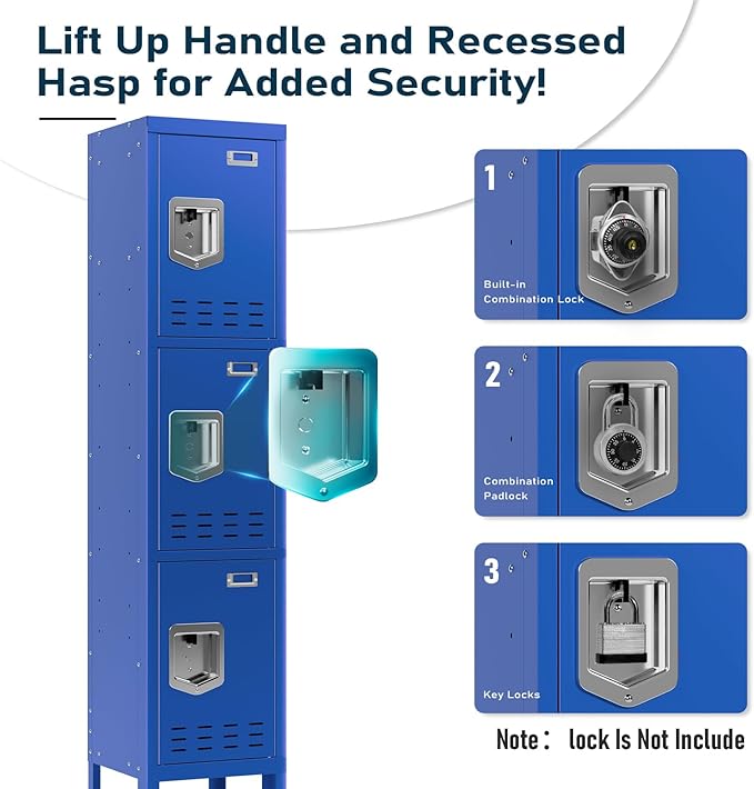 Metal Storage Locker with Lock & Card Slot Locker - Secure Lockable Door - Steel Locker for School, Office, Gym, Home - 66.15" H x 11.8" W x 11.8" D（3 Door, Blue）