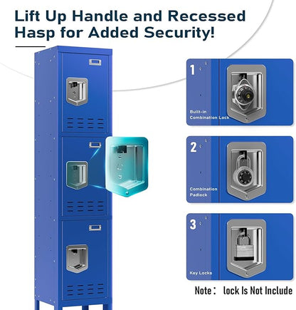 Metal Storage Locker with Lock & Card Slot Locker - Secure Lockable Door - Steel Locker for School, Office, Gym, Home - 66.15" H x 11.8" W x 11.8" D（3 Door, Blue）