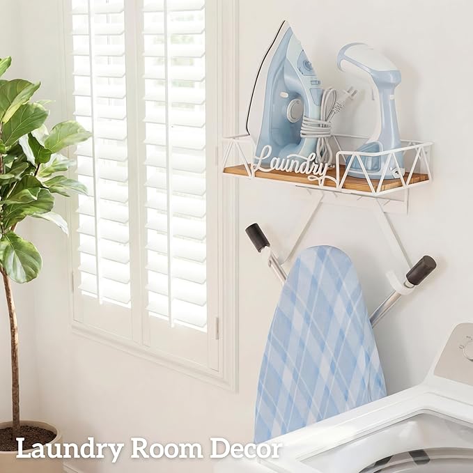 PERFNIQUE Ironing Board Holder, Iron Board Wall Mount, Ironing Board Hanger, Laundry Room Organization with Removable Hooks(T&V Shaped), Wooden Base Basket, Laundry Room Decor(Laundry, White)