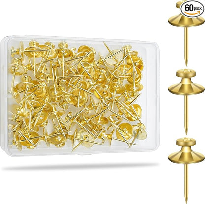 KURUI 60-Pack Metal Push Pins for Wall Hanging Decor, Renter Friendly Hooks for Bedroom Office Gallery Dorm Home, Double Headed Thumb Tacks for Tapestry/Canvas/ Picture Frame/Art, Gold Picture Hangers