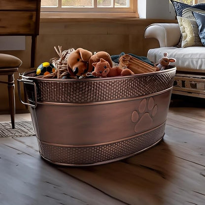 BREKX Indestructible Metal Dog Toy Bin - Copper Galvanized Storage Bin with Handles, Puppy Basket for Dog Storage, Blankets, & Leashes, Paw Pet Toy Box (25-Quart)
