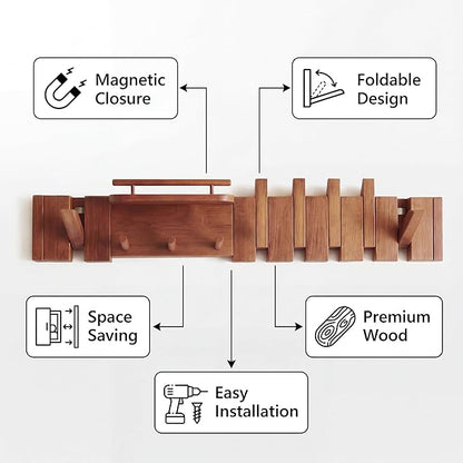 Mid Century Modern Walnut Foldable Entryway Wall Coat Hanger Hook with Shelf,Heavy Duty Wooden Piano Hidden Towel Hooks for Bathroom,Wall Rack for Purse&Key&Mail,Home Decor (Walnut, 9 Hooks)