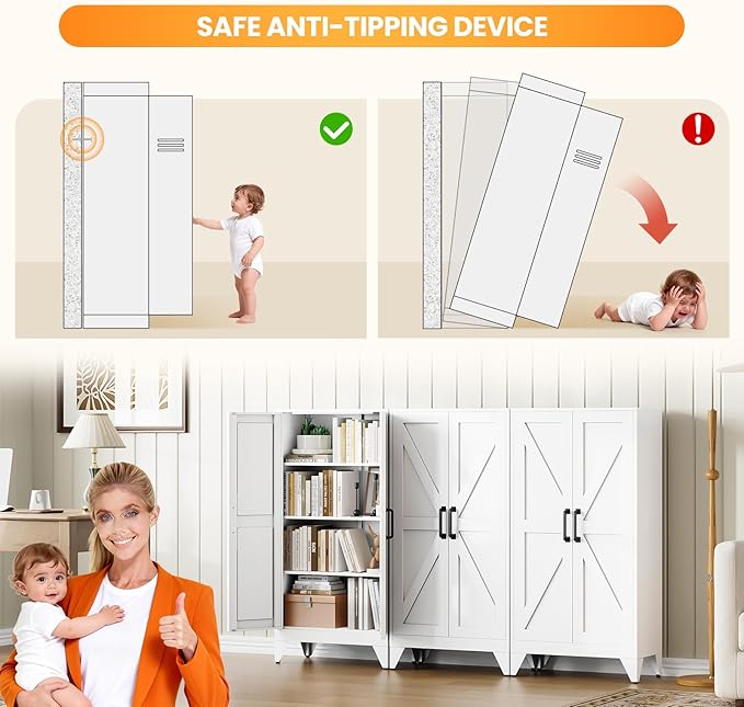 Metal White Storage Cabinet with 2 Doors and 3 Adjustable Shelve,47.3" Tall Kitchen Pantry cabinets,Farmhouse Food Pantry Cabinet,4 Tier Freestanding Barn Door Cupboard for Kitchen Dining/Living Room