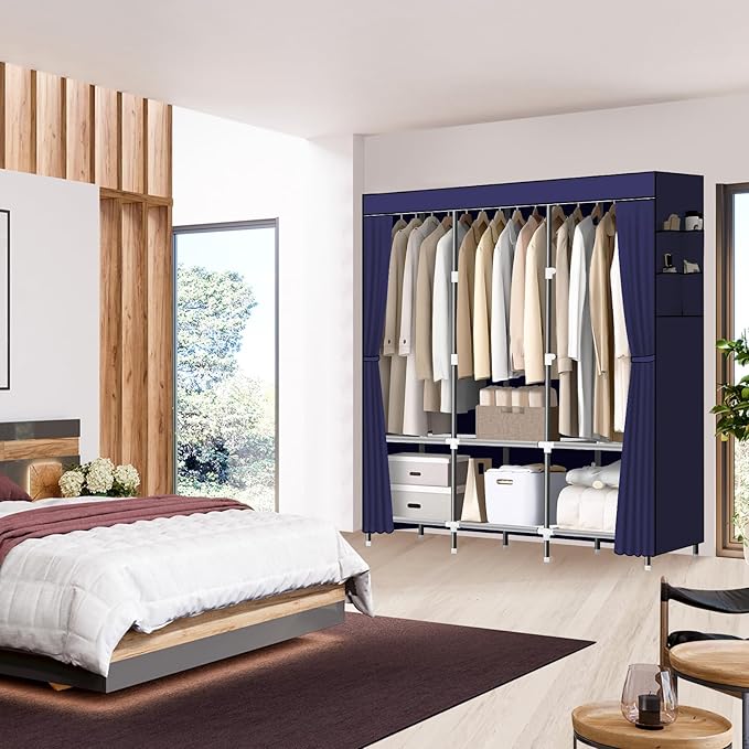 LOKEME Wardrobe Closet,Portable Closet for Bedroom Steel Pipe Diameter 19mm Strong and Sturdy Navy Blue Portable Closets for Hanging Clothes with 3 Hanging rods, 6 Storage Shelves and Side Pocket