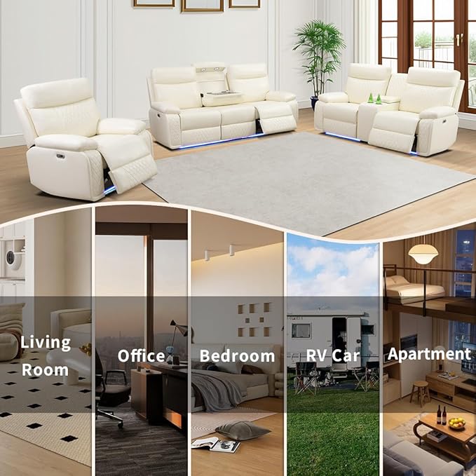 Beige Leather Power Recliner Chairs, Two Reclining Sofa Chairs with Comfortable Armrest and Backrest, Living Room Furniture Sets with LED Home Theater Seating for Living Room, Bedroom