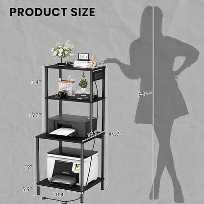 Printer Stand with Charging Station, 49"Tall 4-Tier Printer Stand with Storage, Large Printer Table for Home Office, Kitchen, Living Room, PrinterCart Beside Desk for Printer, Scanner (Black )