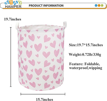 Pink Heart Laundry Hamper, Laundry Basket, Girls Nursery Hamper,Waterproof Storage Bin for Bedroom,Clothes Organizer Basket, Room Decor(Pink Heart)