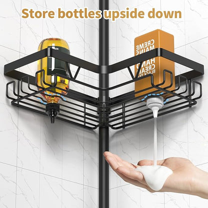 Corner Shower Caddy + 2 Soap Holders, 4 Tier Shower Caddy Tension Pole Stainless Steel Black, Extends 25-114.2 Inches, for Bathroom Organizers and Storage, Renter-Friendly and Gift Idea