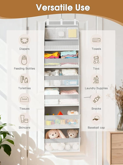 Criusia Over The Door Organizer, Heavy-Duty 6-Shelf Hanging Storage with 13 Mesh Pockets, 55lbs Capacity Behind The Door Storage for Nursery, Bathroom, Bedroom, and Dorm, Grey