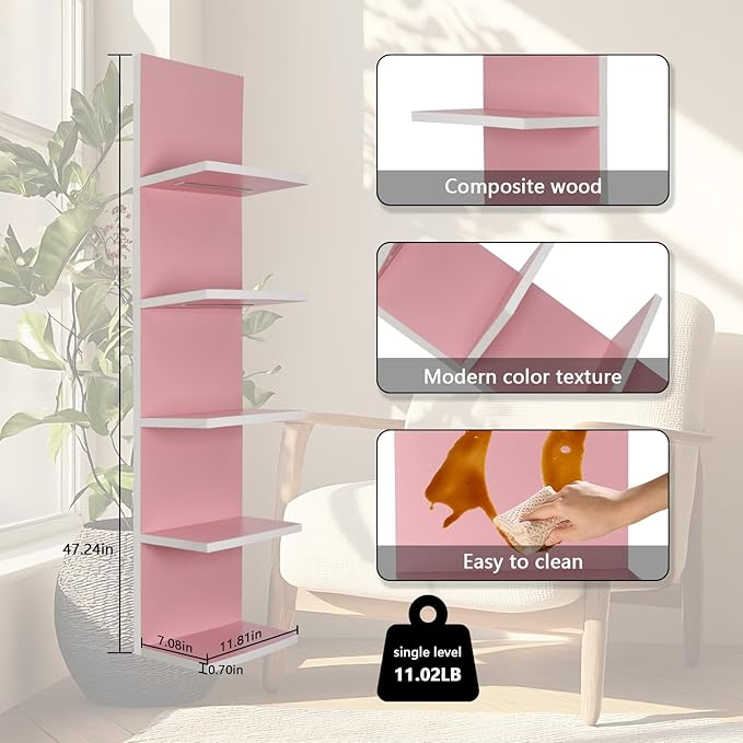 5 Tier Pink Wall Shelf Unit, Pink Shelves, Wall Shelves for Bathroom,Bedroom, Vanity Shelves, Wall Mount Vertical Lack Shelf with led