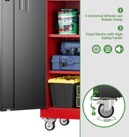 71" H Garage Storage Cabinet with Wheels and Pegboard, Lockable Metal Storage Cabinet with 5 Adjustable Shelves and 4 Hooks for Garage,Warehouse, Home, Assembly Required, Black and Red