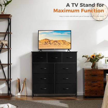 Sweetcrispy Dresser for Bedroom with 9 Storage Drawers, Tall Large Fabric Storage Tower Organizer, Chest of Drawers with Metal Frame Wooden Top for Closet, Living Room, Entryway, Black