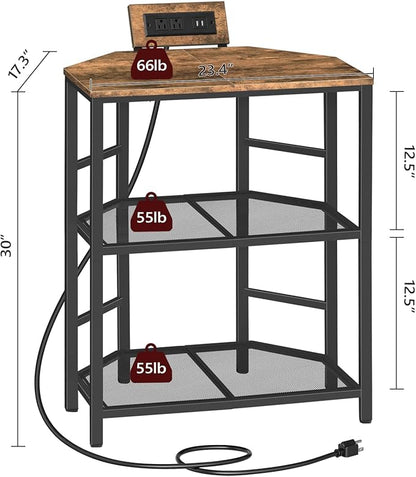 Corner Printer Stand with Charging Station, 3-Tier Large Printer Table with Adjustable Feet, Metal Frame Storage Shelf for Office, Living Room, Small Space, Rustic Brown PTHR14E01