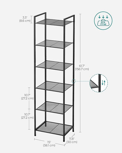 SONGMICS 6-Tier Storage Rack, Bathroom Shelf, Extendable Plant Stand with Adjustable Shelf, for Bathroom, Living Room, Balcony, Kitchen, Classic Black UBSC036B01