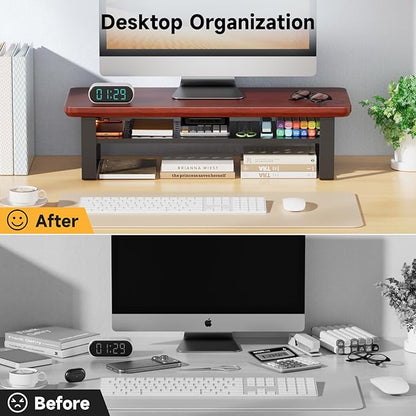 Monitor Stand Riser, 24 Inch Computer Monitor Stand for Desk, 2-Tier Wood Desk Shelf Organizer with Storage, Desktop Stand for Laptop/Screen/PC/Printer, Ergonomic Home Office Monitor Stand