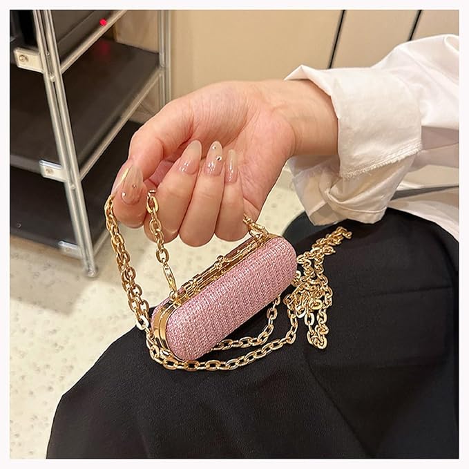 MIAO JIN Mini Crystal Lipstick Case Bling Rhinestone Cosmetic Storage bag with Metal chain Lipstick Storage Holder Makeup jewelry case（Pink）