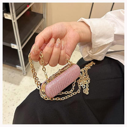 MIAO JIN Mini Crystal Lipstick Case Bling Rhinestone Cosmetic Storage bag with Metal chain Lipstick Storage Holder Makeup jewelry case（Pink）