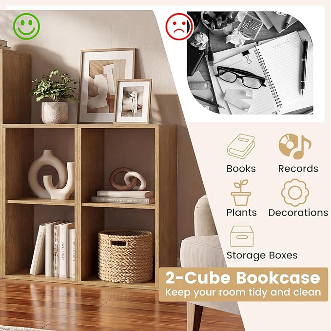 Giantex 2-Cube Bookcase, Cubby Bookshelf w/Back Guardrail & Anti-Tipping Kits, 3-Tier Freestanding Storage Organizer with Shelves, Open Back Display Rack for Living Room, Bedroom, Natural