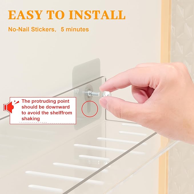 2 Pack Adhesive PET Floating Shelves for Wall, Living Room, Kitchen, Bathroom Organizers and Storage with Adhesive Hooks (for No Drilling) and Drilling Screws