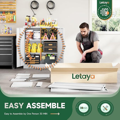 Letaya Metal Storage Cabinets with Lock, Small Locker Organizer Steel Cabinets, Adjustable Layers Shelves 2 Doors for Home, Office, Warehouse,Garage,Industrial,Employee Lockers (White-36)