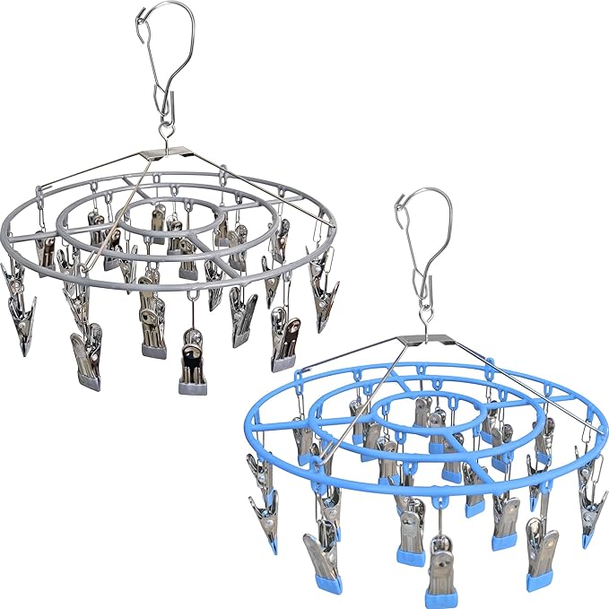 2 Pack Underwear Drying Rack, Laundry Hanger for Sock with 48 Clips,Round Heavy Duty Stainless Steel Socks Dryer Hanger for Hanging Herbs. (Blue/Grey)