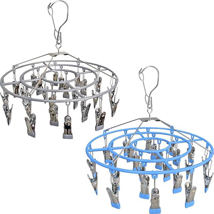 2 Pack Underwear Drying Rack, Laundry Hanger for Sock with 48 Clips,Round Heavy Duty Stainless Steel Socks Dryer Hanger for Hanging Herbs. (Blue/Grey)
