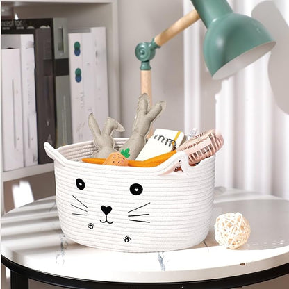 Zopeal Cat Basket Storage Woven Organizer with Ears Easter Decorative Gift Pet Toy Cute Cotton Rope Basket for Gift Cat Dog Toy Bin Nursery Room(13.7 x 7.8 Inch,White)