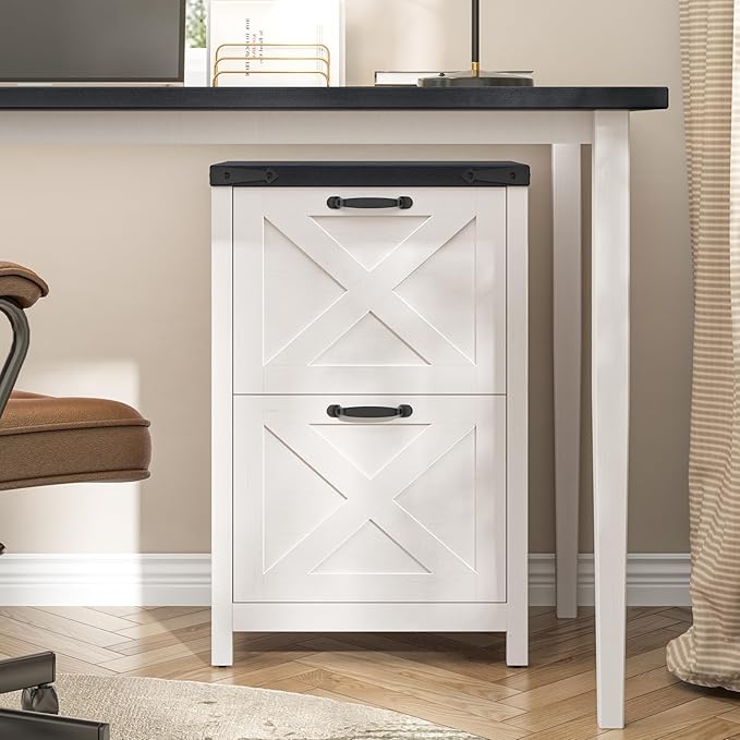 2 Drawer Small File Cabinet, Farmhouse Vertical Filing Cabinet Fits Letter and A4 Size, Under Desk Wooden File Cabinets for Home Office, Printer Stand, White and Black