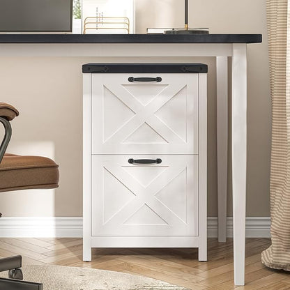 2 Drawer Small File Cabinet, Farmhouse Vertical Filing Cabinet Fits Letter and A4 Size, Under Desk Wooden File Cabinets for Home Office, Printer Stand, White and Black