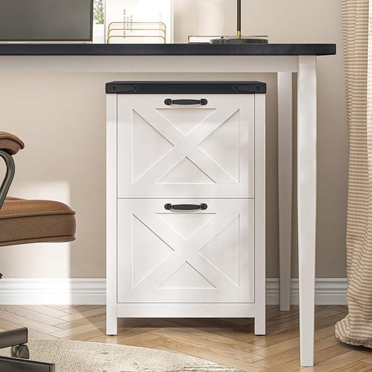 2 Drawer Small File Cabinet, Farmhouse Vertical Filing Cabinet Fits Letter and A4 Size, Under Desk Wooden File Cabinets for Home Office, Printer Stand, White and Black