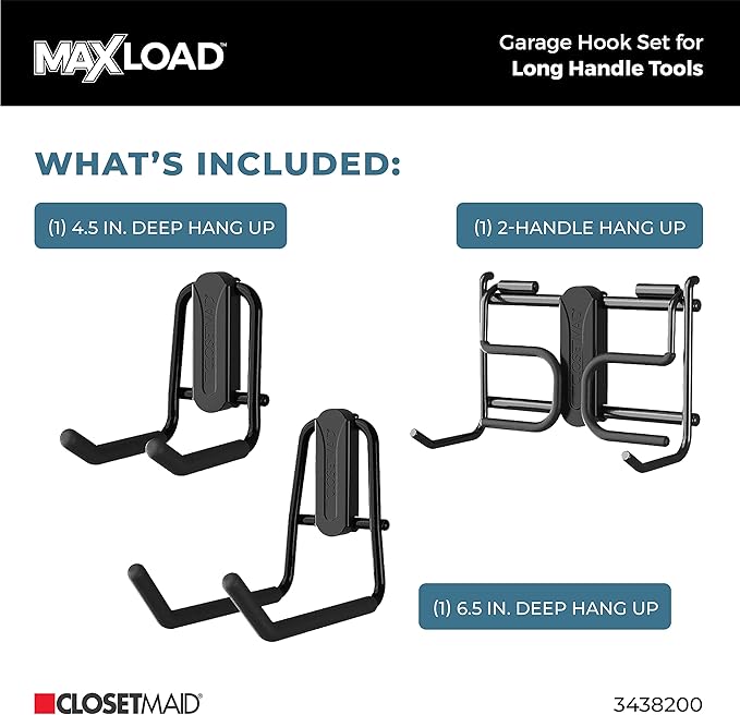 ClosetMaid MaxLoad 3-Pack Garage Hooks & Hangers Wall Mount Heavy Duty Storage for Long Handle Tools, Cords, Hoses, Shovels, Rakes, Brooms, Black