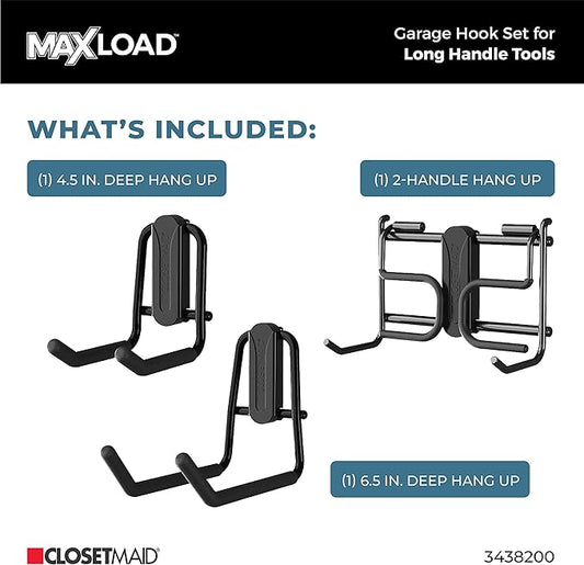 ClosetMaid MaxLoad 3-Pack Garage Hooks & Hangers Wall Mount Heavy Duty Storage for Long Handle Tools, Cords, Hoses, Shovels, Rakes, Brooms, Black