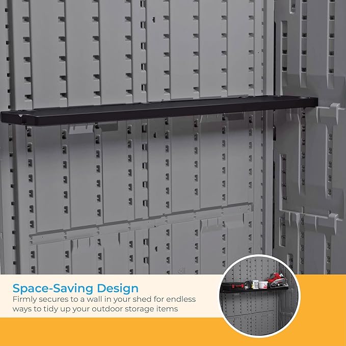 Suncast Horizontal or XL Vertical Shed Shelf Kit, Space Saving Shelving for Wall Mount Outdoor Storage Structures, 50" W x 10.25" D x 1.25" H, Black