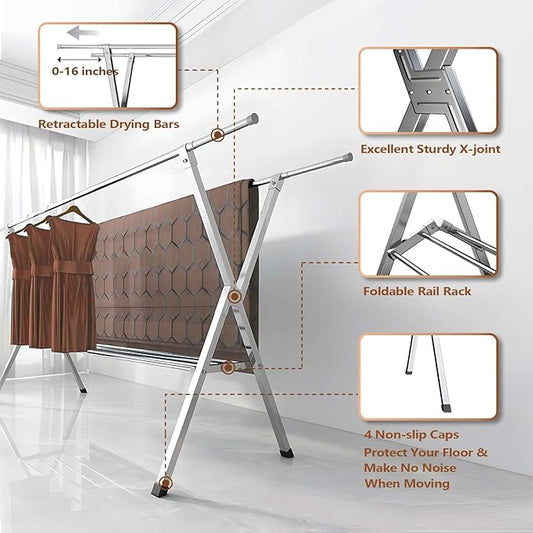 JAUREE Clothes Drying Rack 2 Tiers, Heavy Duty Drying Rack Clothing Folding Indoor Outdoor, Stainless Steel Laundry Drying Rack, Foldable Garment Rack with 20 Windproof Hooks (84 Inches)