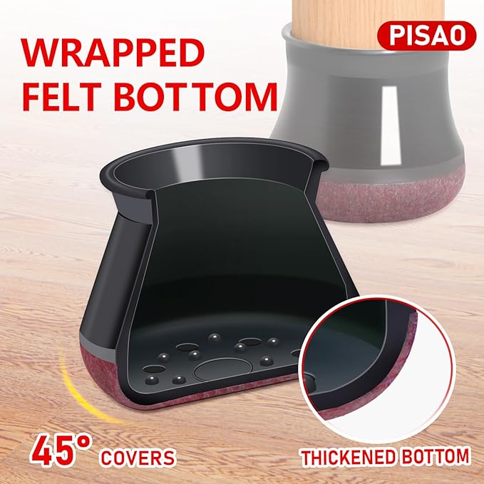 24 Pcs Chair Leg Floor Protectors, Black Silicone Chair Leg Protectors Caps Covers for Hardwood Floors, Furniture Pads Sliders with Wrapped Felt Bottom Medium (Fit:0.76"-1.18")