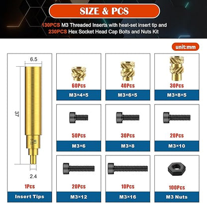361Pcs M3 Threaded Inserts with Heat Set Insert Tips & Hex Socket Head Cap Bolt Set, Brass Heat Set Insert for Plastic and 3D Printing Components