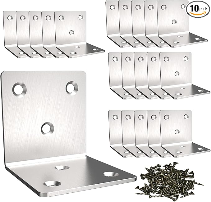 Silver Stainless Steel Corner Bracket,Joint Right Angle Bracket,L Shape Heavy Duty Metal Corner Brace Shelf Supporter for Wood Aufuga (10, 2x2x2)