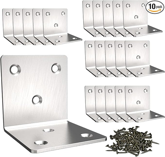 Silver Stainless Steel Corner Bracket,Joint Right Angle Bracket,L Shape Heavy Duty Metal Corner Brace Shelf Supporter for Wood Aufuga (10, 2x2x2)