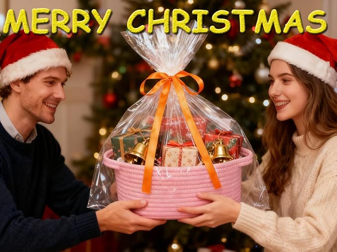Christmas Baskets for Gifts Empty, Small Woven Basket with Gift Bags & Ribbons, Empty Gift Baskets for Thanksgiving Baby Shower, Cute Nursery Storage Organizer Pet Toy Box 12"X 8" X 5 (Pink, 4 Pack)